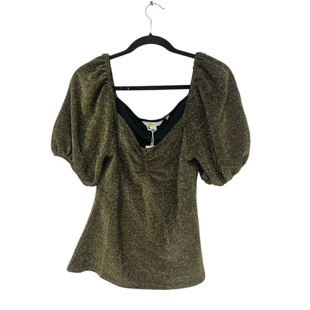 Boden Womens Shirt Top UK 12 US 8 Black Gold Glitter Ruched Sparkle T1064 NWT